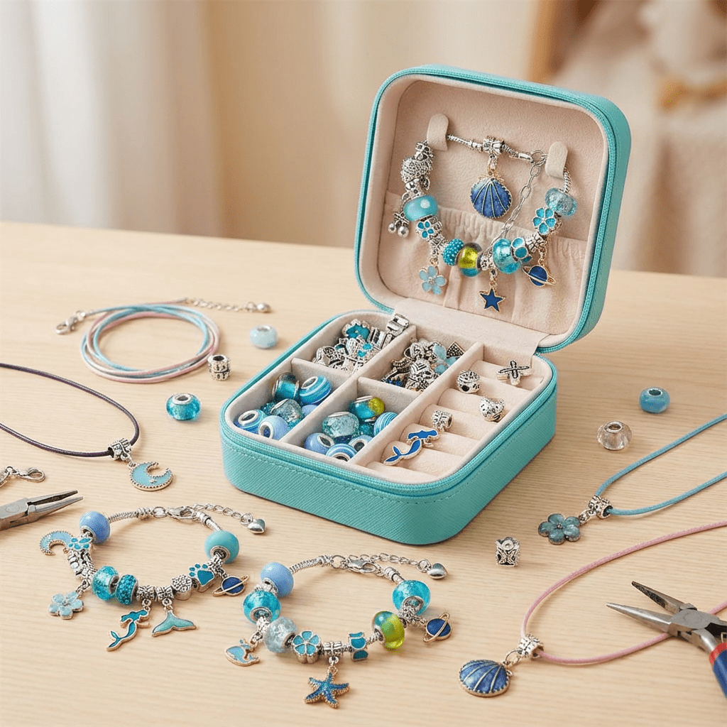 Kit creatif collier et bracelet à fabriquer bleu